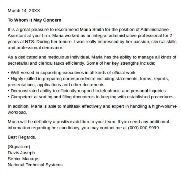 Letter of Recommendation for Executive Administrative Assistant