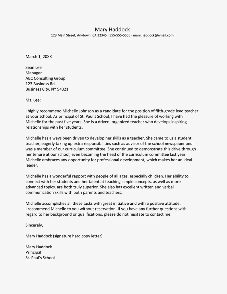 Recommendation Letter for Teacher from Principal PDF