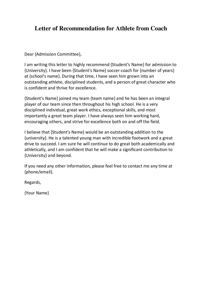 Recommendation Letter from Coach for Student - Sample Example