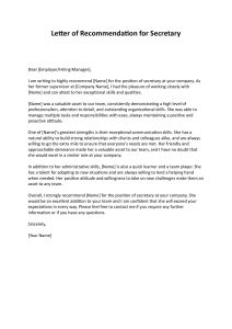 Letter of Recommendation for Secretary Position - Sample Letter