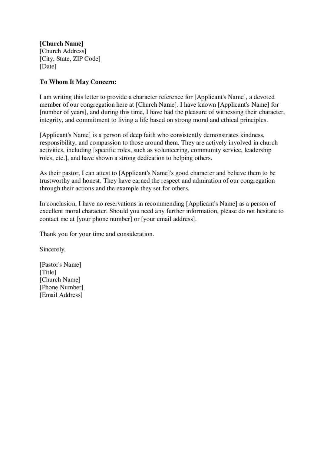 Character Reference Letter from Pastor - Editable Template