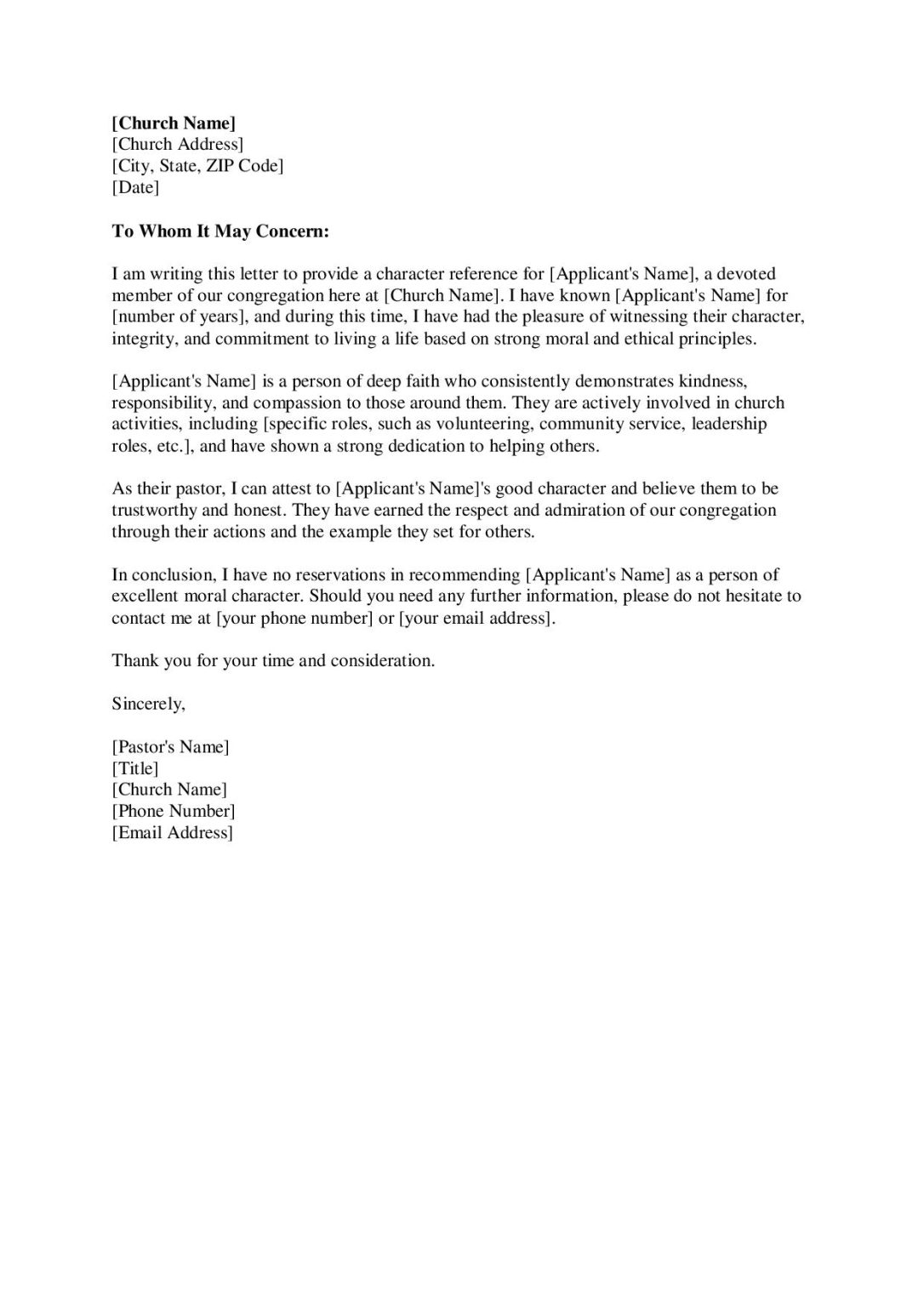 Character Reference Letter from Pastor - Editable Template